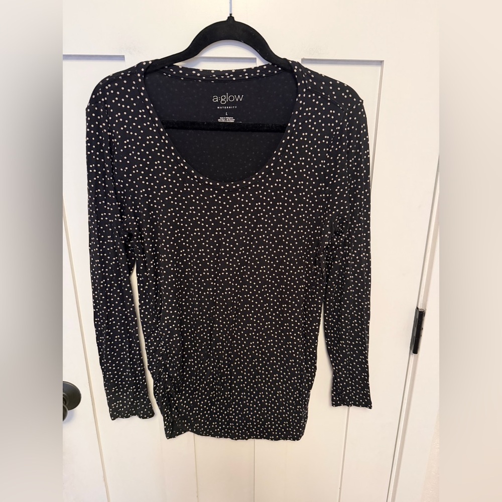 A. Glow Maternity Top long Sleeve Black Polkadot Soft Stretchy Large Ruched